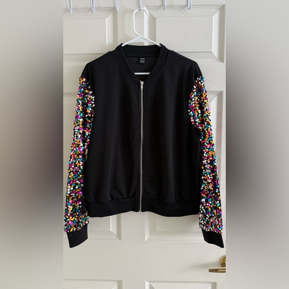 Black Bomber Jacket with Multicolor Sequin Sleeves – XL